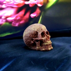 May include: A detailed, brown skull figurine with intricate gold patterns. The skull is resting on a dark blue surface, with a blurred floral background. The skull's design suggests a gothic or fantasy theme.