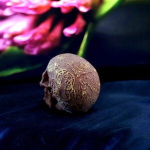 May include: A small, brown skull figurine with gold-coloured Celtic knot designs. The skull is resting on a dark blue, textured surface, with a blurred pink flower in the background. The skull is a decorative item.