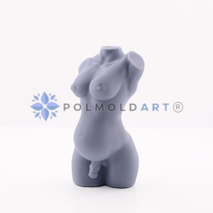 May include: A pale grey sculpture of a human torso, depicting breasts, a pregnant belly, and male genitalia. The sculpture is smooth and detailed, with the text "POLMOLDART&reg;" visible on the right side.