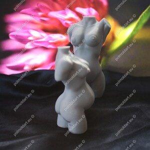 May include: Two grey, sculpted female torso statues. The statues are positioned in front of a blurred background with pink and green hues. The statues are on a black surface.