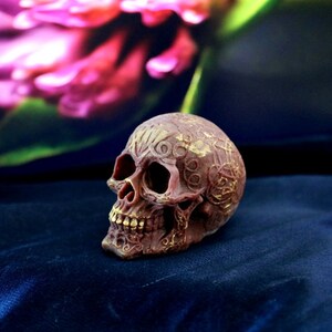 May include: A detailed, brown skull figurine with gold accents. The skull has intricate carvings and is set against a dark blue background. The teeth are a gold colour. The overall theme is gothic or macabre.