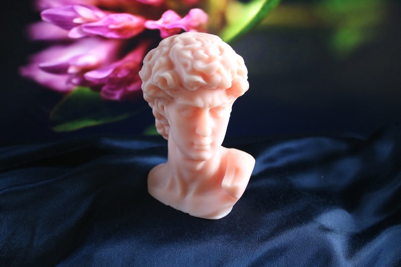 May include: A light pink bust of David, a classical sculpture, sits on a dark blue satin surface. The sculpture's details are visible, with defined facial features and curly hair. A blurred background features pink and green floral elements.