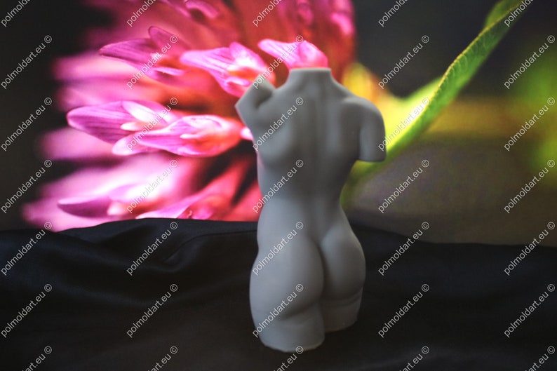 May include: A grey, headless torso sculpture. The sculpture is smooth and has a detailed form, with the back and buttocks clearly defined. The background features a blurred image of pink flowers and a dark fabric.