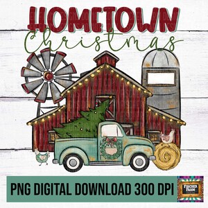 Ville natale de Noël, ferme, personnaliser le code postal, joyeux, lumières, grange, moulin à vent, camion, poulets, arbres, hiver, père Noël, fichier PNG numérique de pays