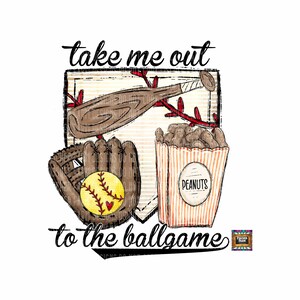 Può includere: Un'illustrazione digitale di un guanto da baseball, una mazza, arachidi e un piatto di casa con il testo "take me out to the ballgame".