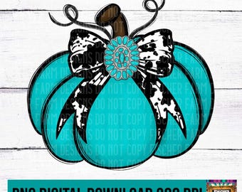 Western Pumpkin, Bow, Trendy, Turquoise, Fall, Autumn, Farm Fresh Pumpkins hand picked daily, cowhide, coquette bow, leaves, digital PNG