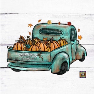 Farm Fresh Pumpkins, Fall, Leaves, oude vrachtwagen, turkoois, zonnebloemen, vlinders, herfst, mooie verandering, kalebas digitale download png jpeg