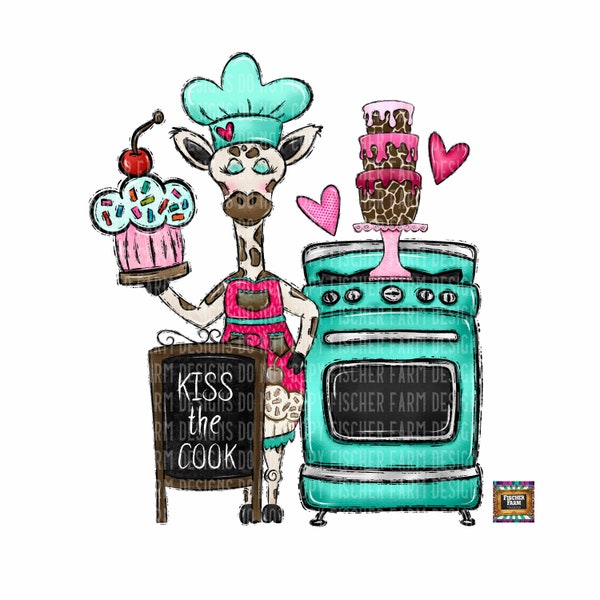 Kiss, Cook, Chef, Giraffe, Baking, cake, flour, sugar, whisk, rolling pin, utensils, dishes, leopard, hearts, oven digital download png jpeg