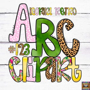 Luipaard retro alfabet, trendy, spel, dag, stippen, bloemen, helder doodle alfabet, mama, mini, preppy letters, personaliseren, digitale png-bestanden