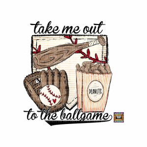 Può includere: Una grafica a tema baseball con il testo "take me out to the ballgame". La grafica include un guanto da baseball, una mazza da baseball, una scatola di arachidi e una palla da baseball.