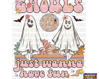 Ghouls just wanna have fun, Halloween, Retro, Fall, Spooky, cute Ghosts, Pumpkin, hippie, floral, horror, bats download png jpeg