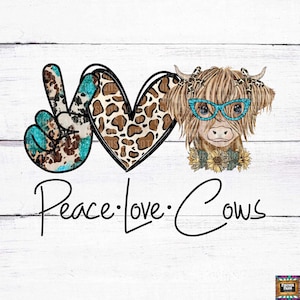 Pace amore mucche, mucca dai capelli lunghi, pelle bovina, leopardo, fattoria, fienile, girasoli, turchese, occidentale, giovenca, download digitale png jpeg