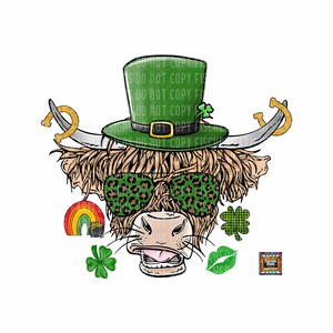 Puede incluir: Una ilustración de dibujos animados de una vaca de las Tierras Altas con un sombrero verde de duende, gafas de sol verdes con estampado de leopardo y pendientes de herradura de oro. La vaca está rodeada de tréboles, un arcoíris y una olla de oro.