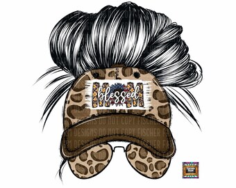 Blessed Mom, Messy Bun, Mom, Leopard, Sunflower, flag, America, Mother's Day, blessed, baseball cap, 'Merica, star digital download png jpeg