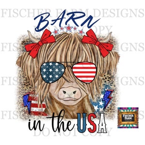 May include: A Highland cow wearing red, white, and blue sunglasses and bows, with the text "Barn in the USA" below.