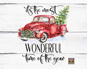 Christmas, Vintage Truck, Most wonderful time of the year, snow, winter, Christmas tree, wreath, lights,  digital download png jpeg