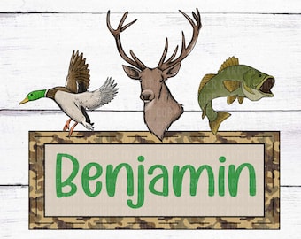 Placa de identificação para caça com trio de robalo, veado e pato, design infantil, camuflagem, nome personalizado, abrigo, cervo, caça, cachorro, munição, download digital png