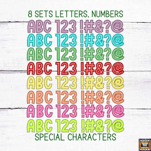 May include: Eight sets of colorful letters, numbers, and special characters, including ABC, 123, !, #, &, ?, and @. The letters and numbers are outlined in white and have a dotted pattern. The background is a white woodgrain surface.