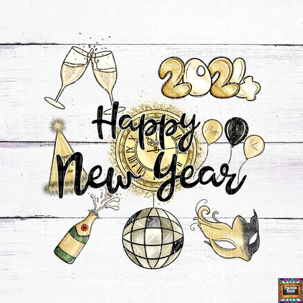 Happy New Year, 2024, Ball, cheers, same me, New Years, groovy, disco, champaign, retro, party hat, clock, digital download png jpeg