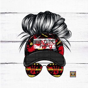 May include: A black and white illustration of a woman with a messy bun wearing a black baseball cap with a red and white design that says "True Crime Junkie". The cap has a yellow and black caution tape design around the brim. The woman is also wearing sunglasses with a red and white design and yellow and black caution tape around the lenses.