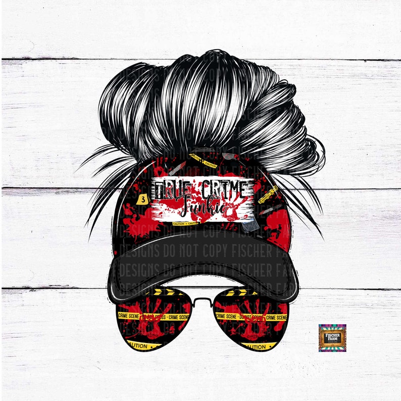 May include: A black and white illustration of a woman with a messy bun wearing a black baseball cap with a red and white design that says "True Crime Junkie". The cap has a yellow and black caution tape design around the brim. The woman is also wearing sunglasses with a red and white design and yellow and black caution tape around the lenses.