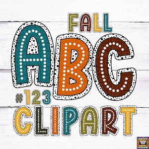 May include: Fall ABC clipart with black polka dots and a white background. The letters are in teal, orange, and brown with white polka dots. The word "Fall" is in green, orange, and brown. The word "Clipart" is in yellow, green, teal, orange, and brown.