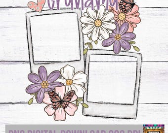 May include: A digital download of a printable design featuring two blank photo frames with a floral arrangement of pink, white, and purple flowers and butterflies. The text "Grandma" is written in purple at the top of the design.