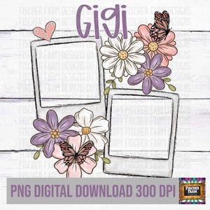 Gigi, grand-mère, maman, fête des mères, ajout de photos, personnalisation, floral, fleurs, dessinés à la main, rétro, papillons, printemps png thumbnail
