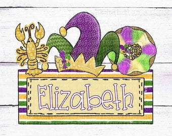 Placa de identificación de trío de Mardi Gras, diseño para niño o niña, sombrero de bufón de Mardi Gras, cangrejo de río y roscón de reyes, nombre personalizado, descarga digital PNG