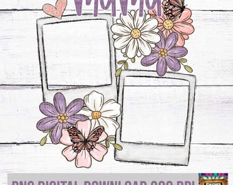May include: Two white photo frames with a floral design. The frames are surrounded by pink, white, and purple flowers and butterflies. The text "Mama" is written in purple at the top of the image.