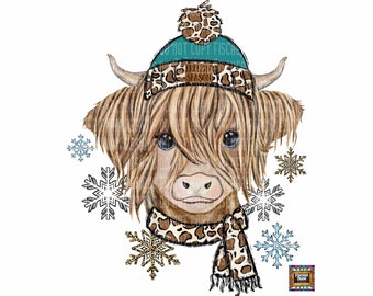 Freezin&#39; Season, Udderly, Long Haired Cow, Winter, Leopard, Snow, Buffalo, Snowflakes, Farm, Cowhide, cold Country digital download png jpeg