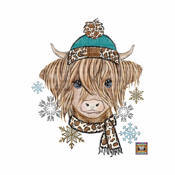 Freezin' Season, Udderly, Long Haired Cow, Winter, Leopard, Snow, Buffalo, Snowflakes, Farm, Cowhide, cold Country digital download png jpeg