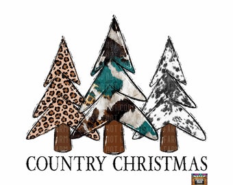Könnte beinhalten: Drei stilisierte Weihnachtsbäume mit Leopardenmuster, Kuhfellmuster und einem schwarz-weißen Kuhfellmuster. Die Bäume sind unten braun und der Text "COUNTRY CHRISTMAS" befindet sich unter den Bäumen.