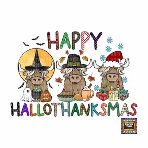 Happy HalloThanksMas, Highland Cattle, Thanksgiving, Christmas, Halloween, Fall, Leaves, Turkey, Ghost, Pumpkins, digital download png jpeg