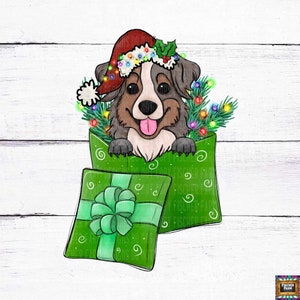 Australian Shepherd, Christmas, Dog, Merry, Christmas Lights, Presents, Cocoa, Gingerbread, reindeer, Santa, trees digital download png jpeg