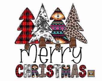 Könnte beinhalten: Ein Weihnachtsgruß mit dem Text "Merry Christmas" in schwarzen Buchstaben. Der Text ist von vier stilisierten Weihnachtsbäumen umgeben. Die Bäume sind mit rot-schwarzem Karomuster, schwarz-weißem Kuhfellmuster, türkisfarbenen und rosafarbenen geometrischen Mustern und Leopardenmuster verziert.