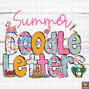 Bundle alphabet PNG d'été, alphabets de griffonnage, flamant rose, crabe, soleil, plage, salé, floral, palmiers, coquillages, vagues éléments numériques PNG
