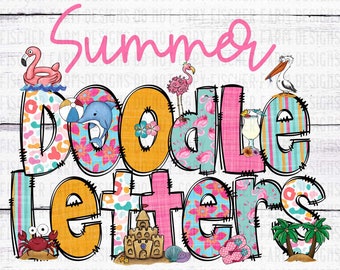 Summer PNG Alphabet Bundle, Doodle Alphabets, Flamingo, Crab, Sunshine, Beach, Salty, Floral, Palm Trees, shells, waves Digital Elements PNG
