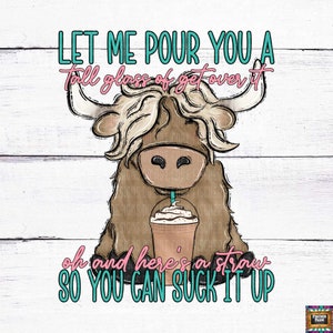 Laissez-moi vous verser, Vache aux cheveux longs, Paille, verre, Ferme, Génisse, dessus, drôle, café, grange, sucer, turquoise, vache téléchargement numérique png jpeg