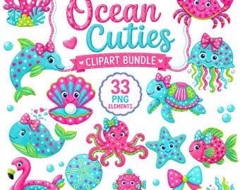 Ocean Animals Clipart Bundle, Cute Sea Life, Summer Beach, Nursery Ocean Decor, Kids Shirt Designs, Seahorse Whale Turtle Jellyfish