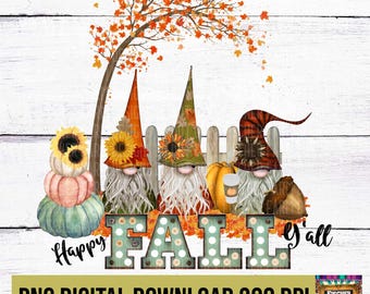Happy Fall Y'all, Fall Gnomes, Fall, Autumn, Pumpkin, Thanksgiving Gnome, Leaves, Fall Color, Thankful, sunflowers digital download PNG
