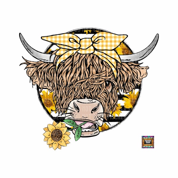 Sunflower, Long Haired Cow, Sunflowers, Summer, Farm, Barn, Spring, Plaid, Country, cow, shaggy, floral digital download png jpeg