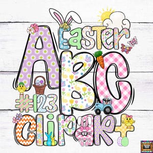 Pacchetto di lettere dell'alfabeto di Pasqua, Clipart di Pasqua, lettere dell'alfabeto del coniglietto, scarabocchi disegnati a mano, set alfabetico e accessori, file PNG