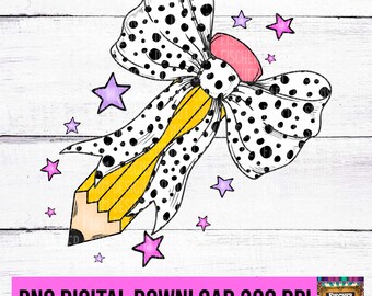 Back To School, Teacher, Coquette Bow, Dalmatian Dots Print Bow, Pencil, First Day Of School, Stars, Retro, coffee, inspire, teach PNG/JPG