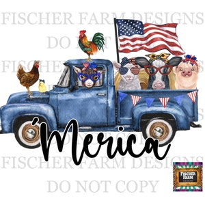 4th of July. Farm Animals, Cow, Pig, Goat, Chicken, Rooster, American Flag, Merica, Fireworks, Party digital download png jpeg