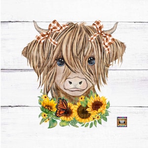 Long Haired Cow, Country, Fall,  Farm, Plaid, Cow, Farm, Barn, flowers, butterfly, heifer, sunflowers, autumn digital download png jpeg