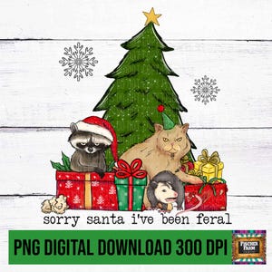 Natal retrô, guaxinim engraçado, gato, gambá com papai noel, árvore, presentes, flocos de neve, neve, boneco de neve, rena, luzes, download digital png
