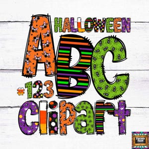 May include: Halloween ABC 123 clipart with black, orange, green, purple, and white colors. The letters are decorated with bats, spiders, and candy corn.