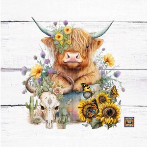Vache à poil long, ferme, grange, veau, taureau, désert, western, cactus, tournesols, cuve en métal, crâne téléchargement numérique png jpeg