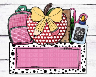 Manzana escolar, Lazo de lápiz, Placa de identificación, Maestro, regreso a clases, Puntos dálmatas, Manzanas, Regla, Crayones, Personalizar nombre, Aprender PNG digital